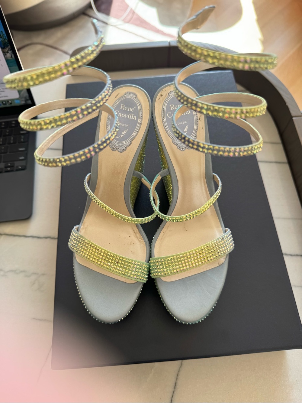 Rene Caovilla Light Blue Sandals with Lime Crystal Spiral Straps
